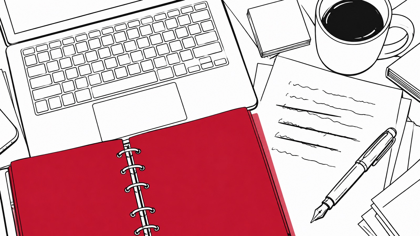Een bureau van bovenaf met een laptop, een open rood ringschrift, een blad met doorstreepte regels, een vulpen, een stapeltje briefjes en een kop koffie.