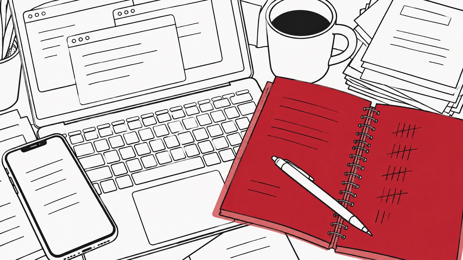 Een rood orderboek met turfstreepjes ligt open naast een laptop met veel open vensters, een smartphone, een koffiekop en een stapel facturen.