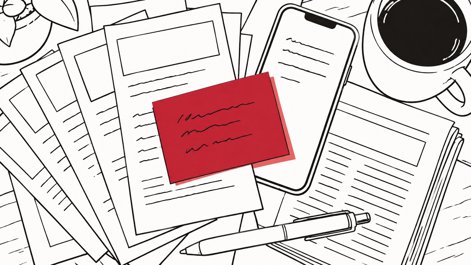 Een bureau van bovenaf met een waaier flyers, een smartphone, een krant, een pen en een rood handgeschreven briefje bovenop.