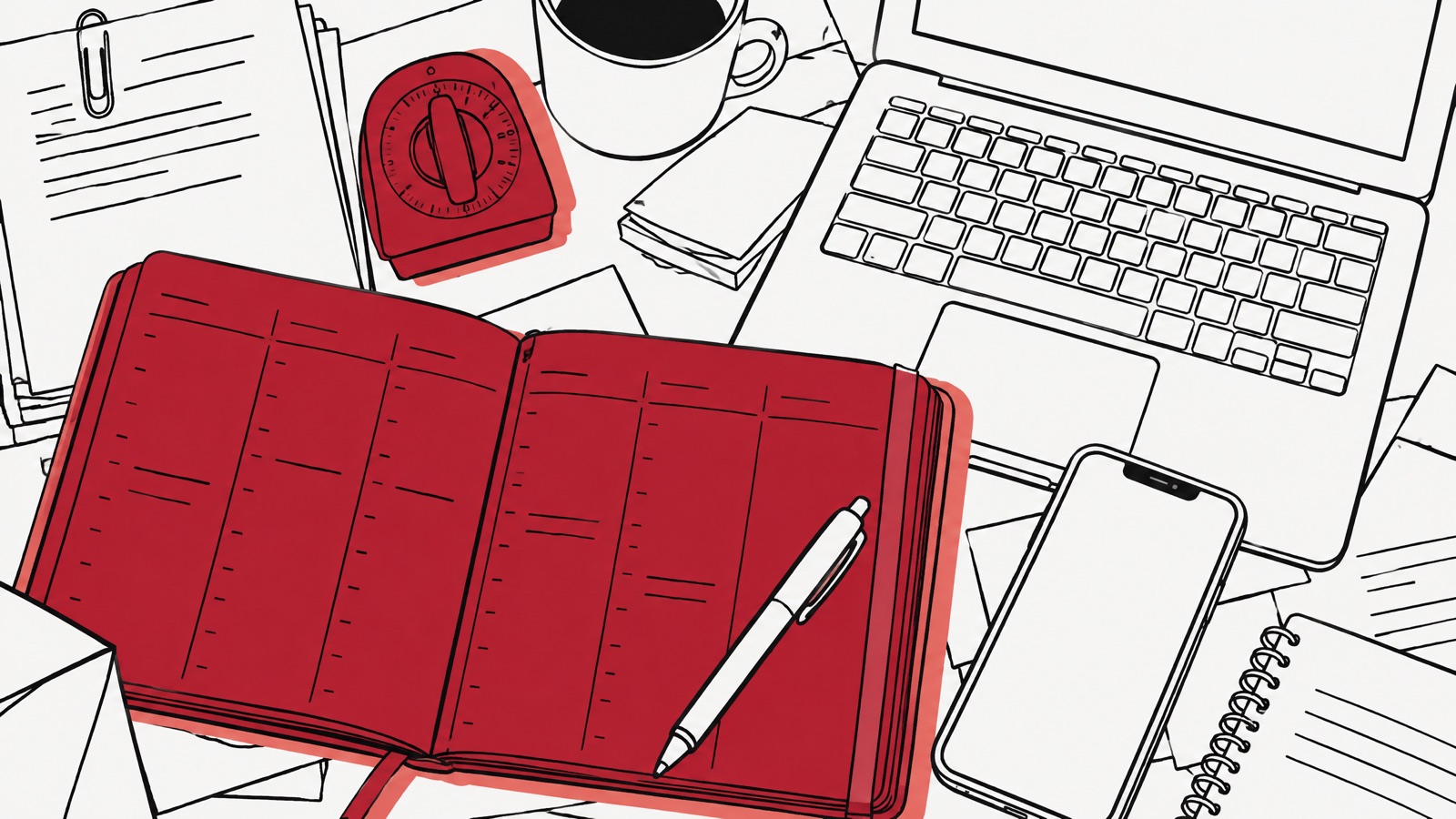 Een bureau van bovenaf met een rode weekplanner en een rode kookwekker tussen een laptop, een smartphone, een stapel afgedrukte mails en een koffiekop.