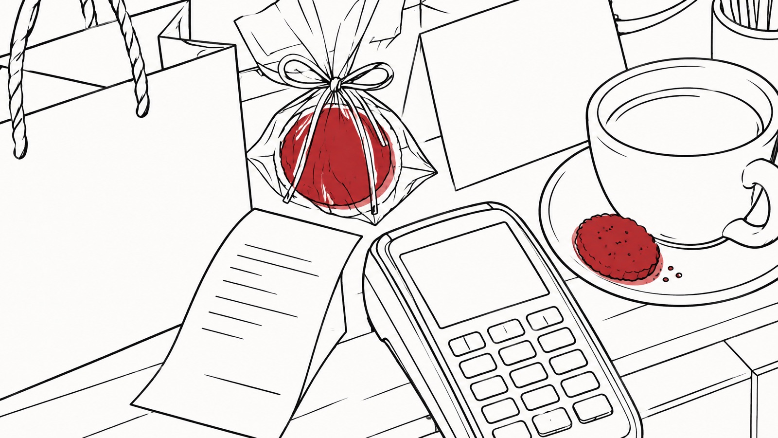 Een toonbank van bovenaf met een papieren zak, een kassaticket, een kop koffie met een rood koekje, een betaalterminal en een klein rood ingepakt extraatje.