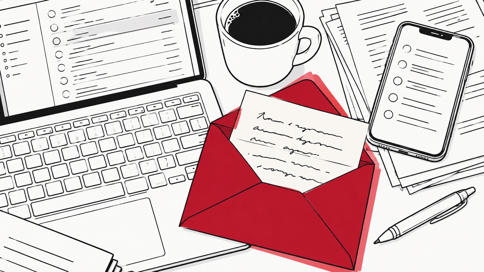 Een bureau van bovenaf met een laptop, een smartphone op een stapel offertes, een kop koffie, een balpen en een rode envelop met een handgeschreven brief.