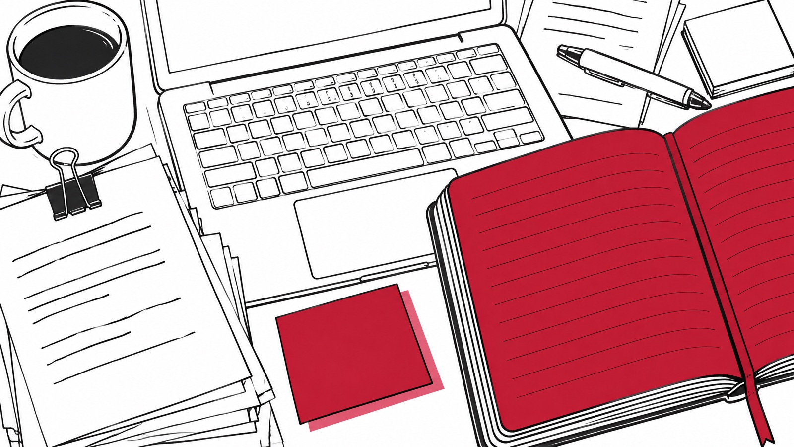 Een bureau van bovenaf met een open laptop, een rood notitieboek, een stapel papieren met een klem, een paar briefjes, een pen en een koffietas.